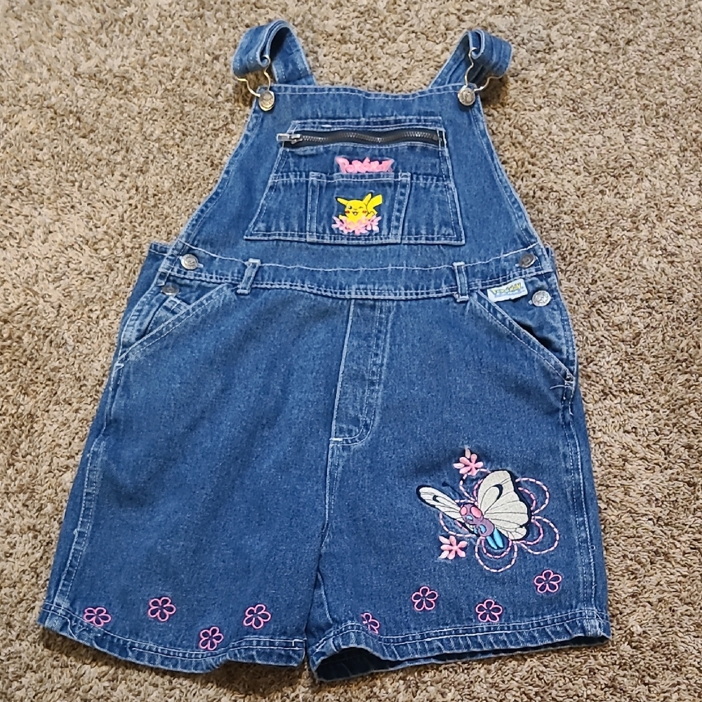 Girls Denim Shortalls with Butterfly Embroidery - Blue